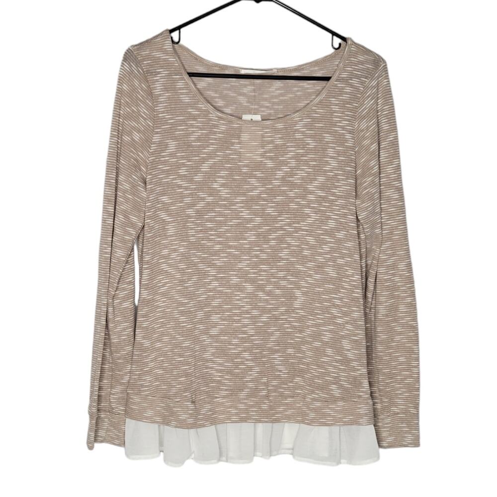 Ezra Franky Tan & White Stripe Ruffle Long Sleeve Blouse NEW Women's Large